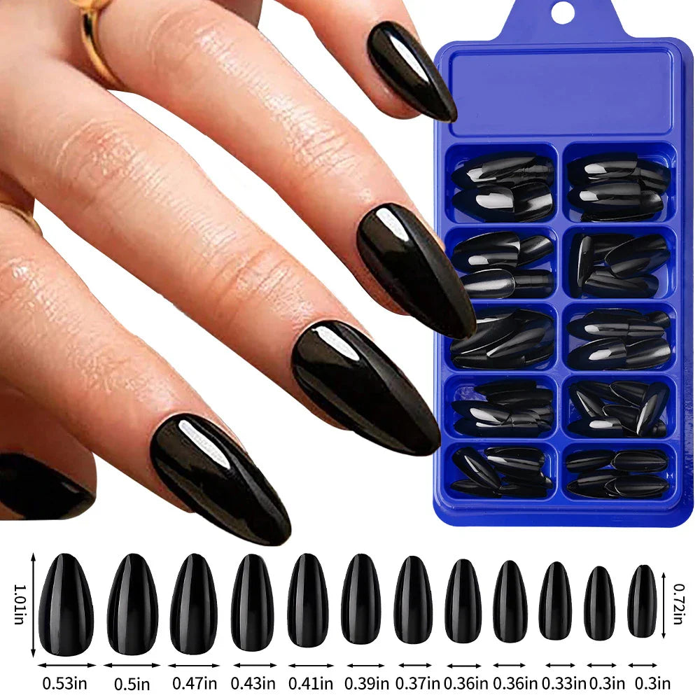 100pcs Black Almond Fake Nail Mid-length Solid Color Artificial Nail Removable Press On Nails Tip Almond Nail Art False Nail
