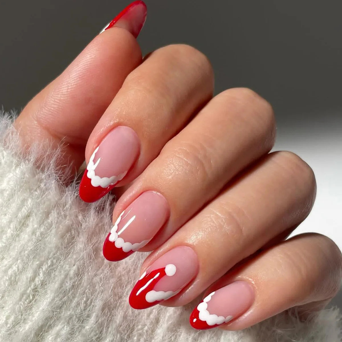 24pcs Christmas Snowflake Almond False Nails Art Wearable Glitter Red Full Cover Nail Tip with Stripe Design Press on Fake Nails