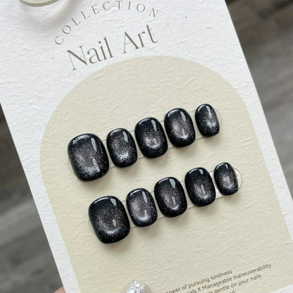 10Pcs Short Ballerina Handmade Press on Nails Blue Cat Eye Fake Nails Wearable Stick-on Nails Full Cover False Nail Uñas 네일팁
