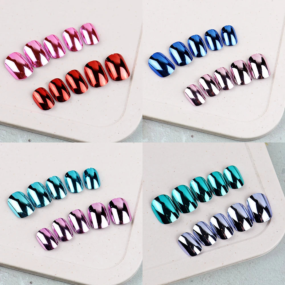48 Pcs Gold Silver Mirror Chrome Kids Nails Press On Metalic False Nail Art Tips Pre-glue Short Oval Full Cover Fake Nails