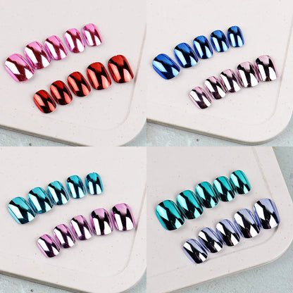 48 Pcs Gold Silver Mirror Chrome Kids Nails Press On Metalic False Nail Art Tips Pre-glue Short Oval Full Cover Fake Nails