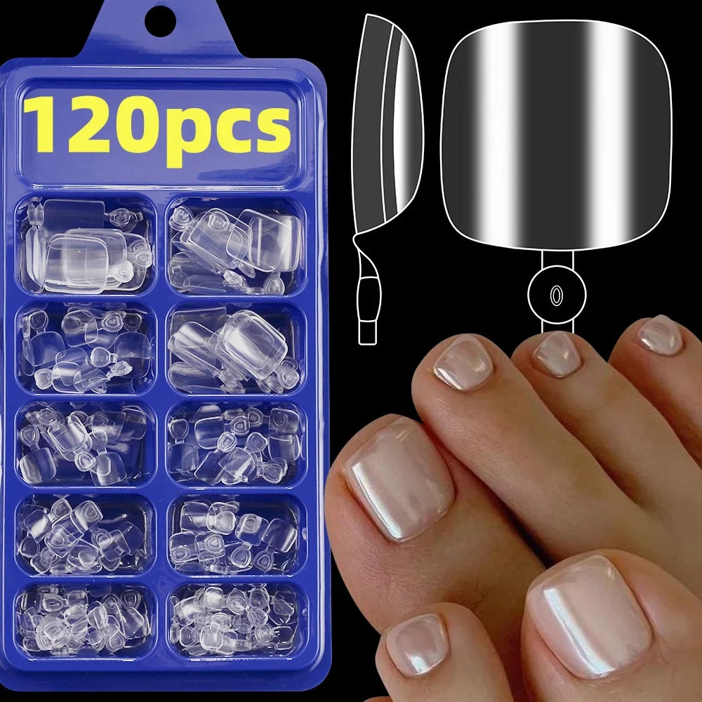 120pcs/Box French Tip Press-On Toenails Pink Color System Square Shape Foot Nails Short Length Glossy Finish False Toe Nails Set