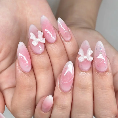 White French Press on Nails 3D Bowknot Fake Nails Tips Full Cover Wearable False Nails for Women and Girls DIY Manicure 24Pcs