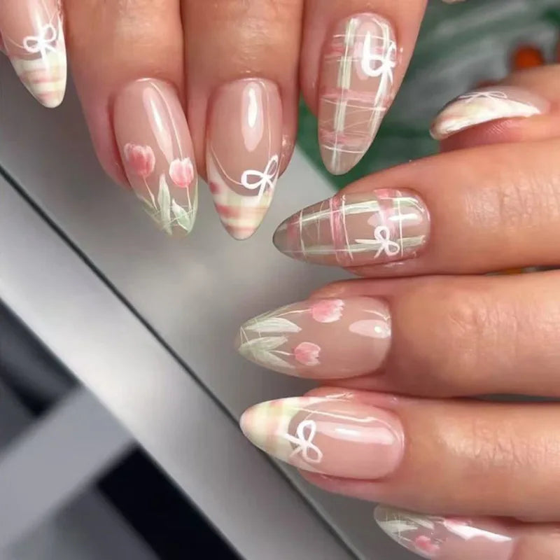 24pcs French Fake Nails Finished Almond Nails Sets with Golden Bow Design False Nail Art Simple Datachable Press on Nails Tips