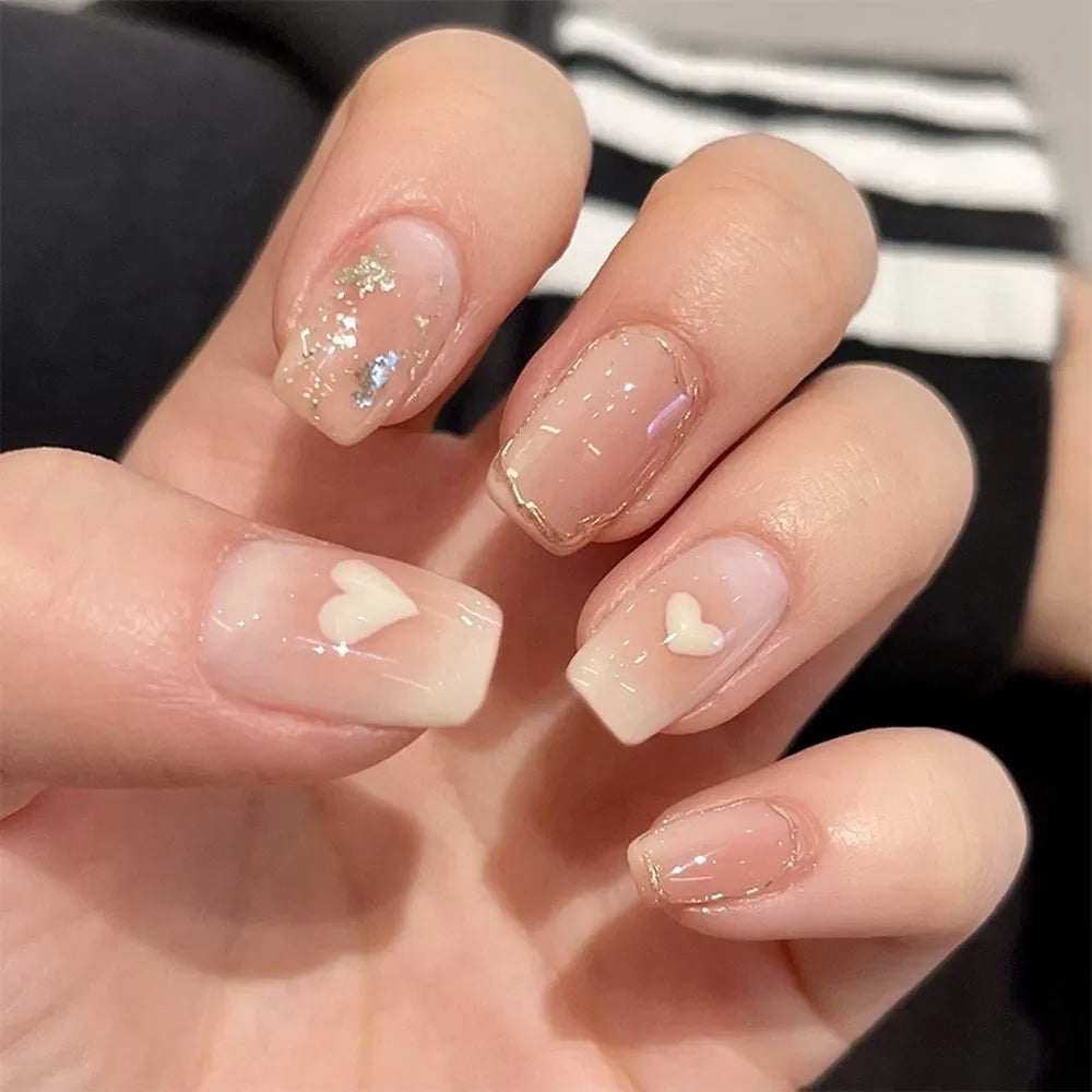 24PCS Shiny Pearl Wearable False Nails Short Square Fake Nail Simple Press on Nails Detachable Full Cover Nail Tips With Glue