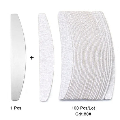 100 Pcs/Lot Replacement Nail Files 80/100/180/240 Grit Half Moon Grey Sandpaper Pads With Metal Handle Removable Durable Files