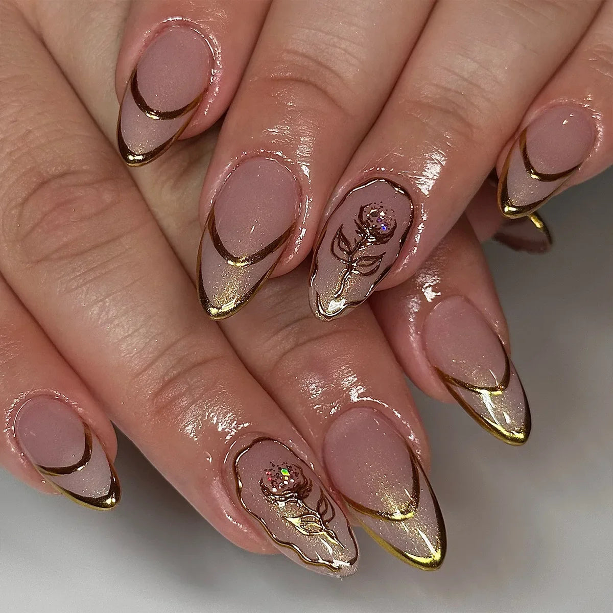 24Pcs Simple Glitter Almond False Nails with Glue Ballerina Nail Design Sweet Cool French Detachable Press on Nail Manicure Tips