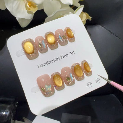 10pcs high-end Amber gold short style handmade fake nails, Light luxury short nail decoration patches for girls' elegance