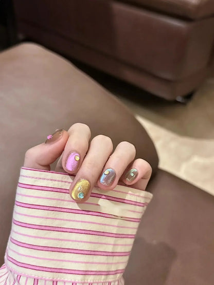 10Pcs Cat Eye Handmade Press on Nails Candy Color Fake Nails Summer Cute Wearable Stick-on Nails Full Cover False Nail Tools