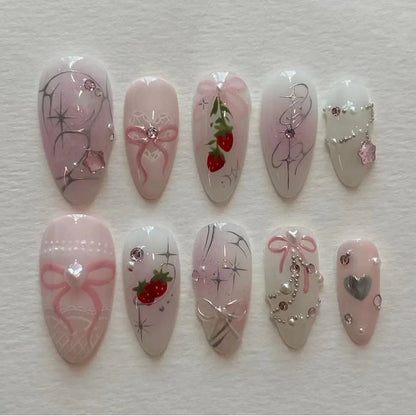 24pcs French Almond Press on Nails Flower False Nails Wearable Stick-on Nails Fake Nail Uñas Postizas Mujer Накладные Ногти 네일팁