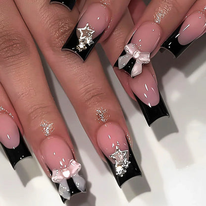 Wearable Stars Y2k Nails Press On Short Square 24pcs Fake Nails Silver Stripes False Nails Decoration Glitter Nail Tips Finished