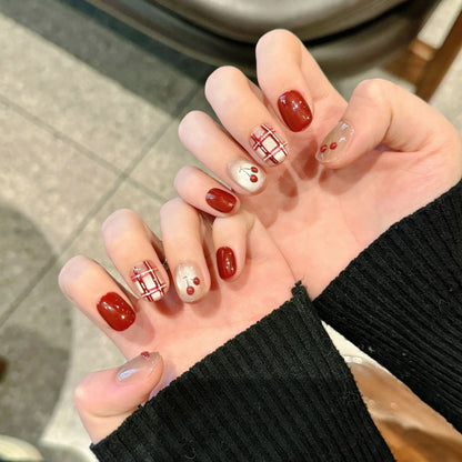 Handmade New Year Press on Nails Cute Red Cherry Short Round/Oval Fake Nails for Women Girl Wearable Glitter Cat Eye False Nails