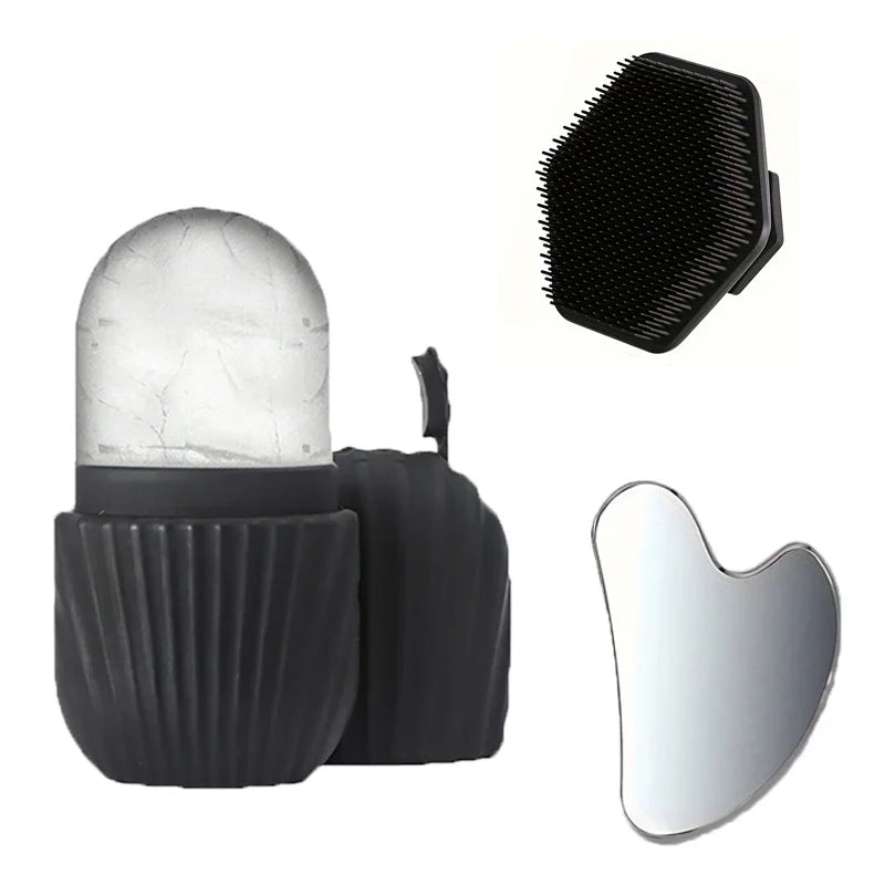Facial cleansing tool set, stainless steel heart-shaped scraping tool, ice roller, silicone facial brush