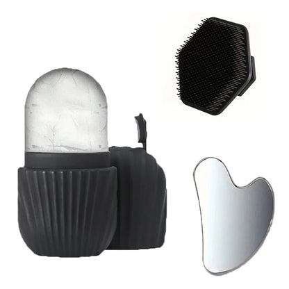 Facial cleansing tool set, stainless steel heart-shaped scraping tool, ice roller, silicone facial brush