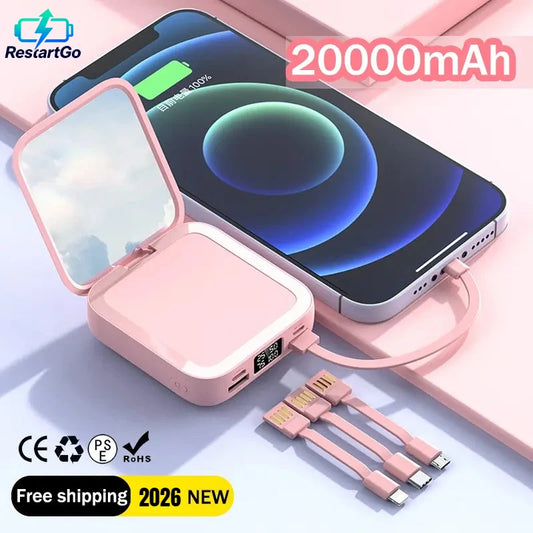 20000mAh Power Bank with Makeup Mirror Detachable Digital Display External Battery Built in Cable for iPhone Samsung