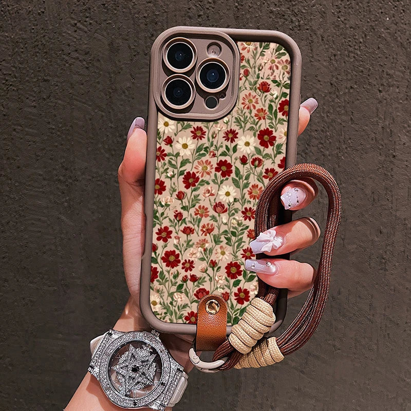 Cute Flower Pattern Lanyard Strap Rope Phone Case For iPhone 16 17 Pro Max 11 12 13 14 15 16E XS X XR 7 Plus Silicone Soft Cover