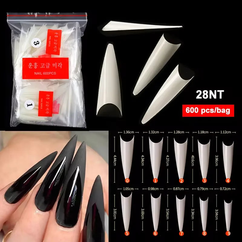 Super Long Sharp Nail Tips Fake Natural Transparent False Nails Durable Extension Acrylic UV Gel Manicure Salon Tools Supplies