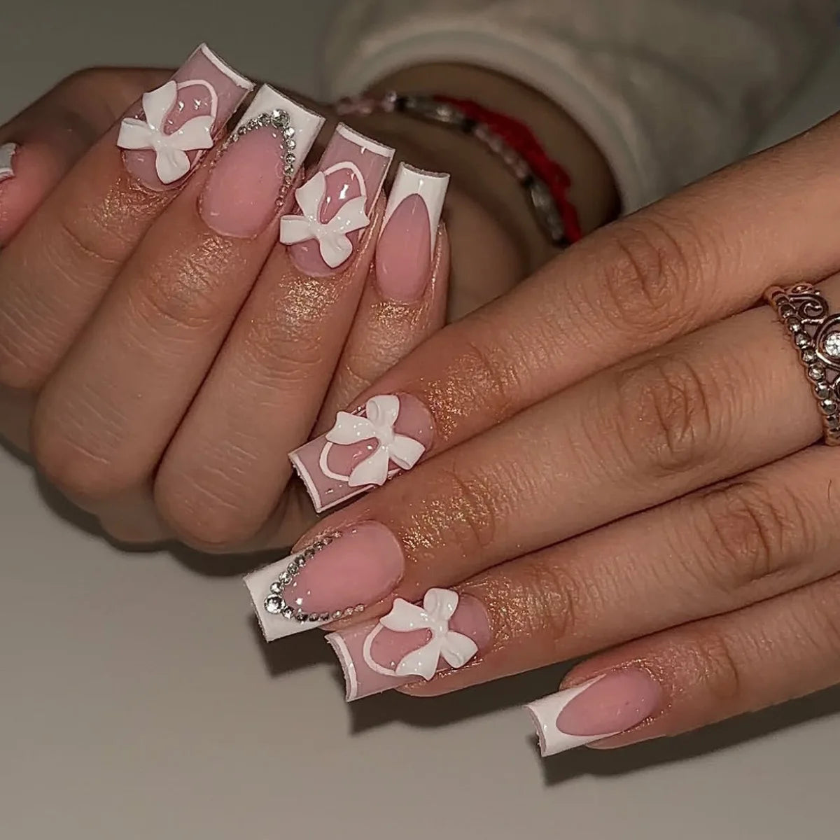 24Pcs Pink French Style Fake Nails 3D Bowknot Designs Short Square Press on Nails Sweet Korean Fashion False Nail for Women Girl