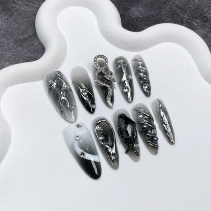 10pc Stiletto Almond Press On Nails Dark Black Fake Nails With Butterfly Star Design Hot Girl Detachable Full Cover Nail Art Tip