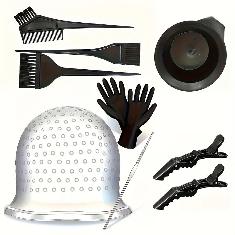 Barber Professional Hair Dyeing Cap with Metal Hook Gloves Color Mixing Brush Bowl Tools Hair Coloring Accessories Salon