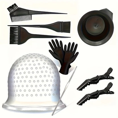 Barber Professional Hair Dyeing Cap with Metal Hook Gloves Color Mixing Brush Bowl Tools Hair Coloring Accessories Salon