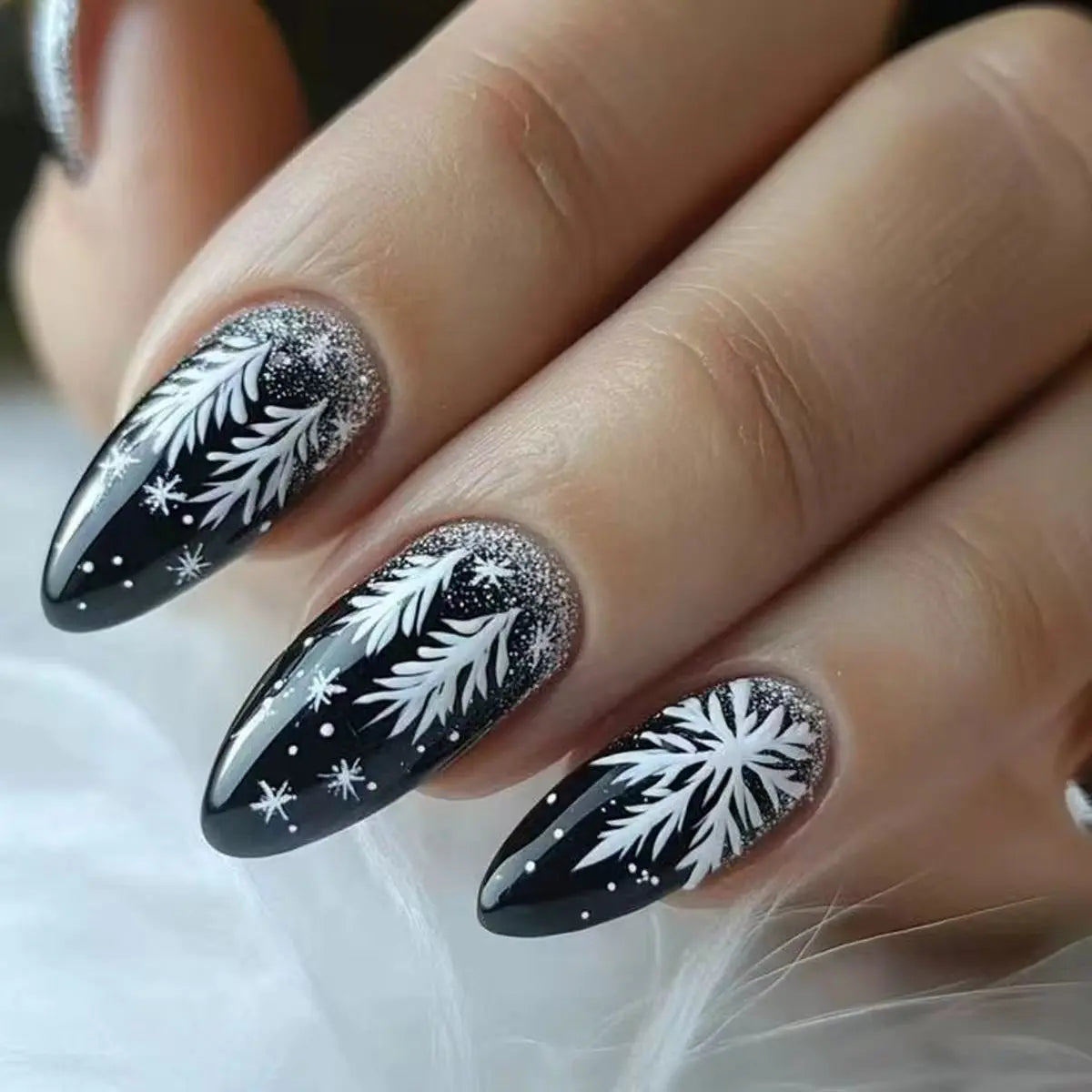 Medium Long fake nails for Christmas Black red blue nail tips white snowflakes fireworks Square almond tips press on false nails