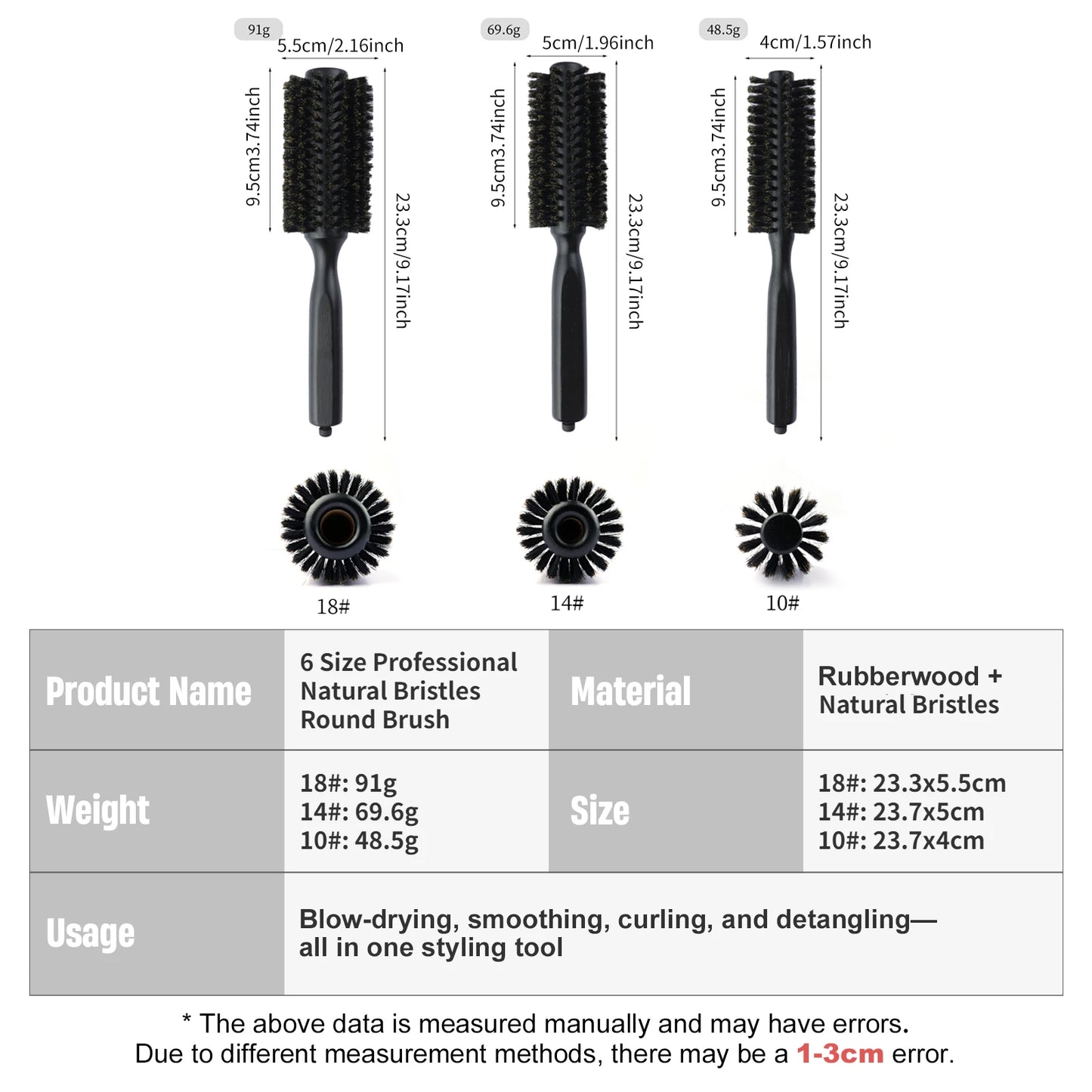 New 6 Sizes Black Wood Handle Boar Bristles Round Hair Brush Removable Tail Hairdressing Brush Pro Salon Barber Hair Round Comb