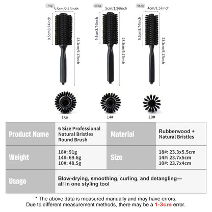 New 6 Sizes Black Wood Handle Boar Bristles Round Hair Brush Removable Tail Hairdressing Brush Pro Salon Barber Hair Round Comb