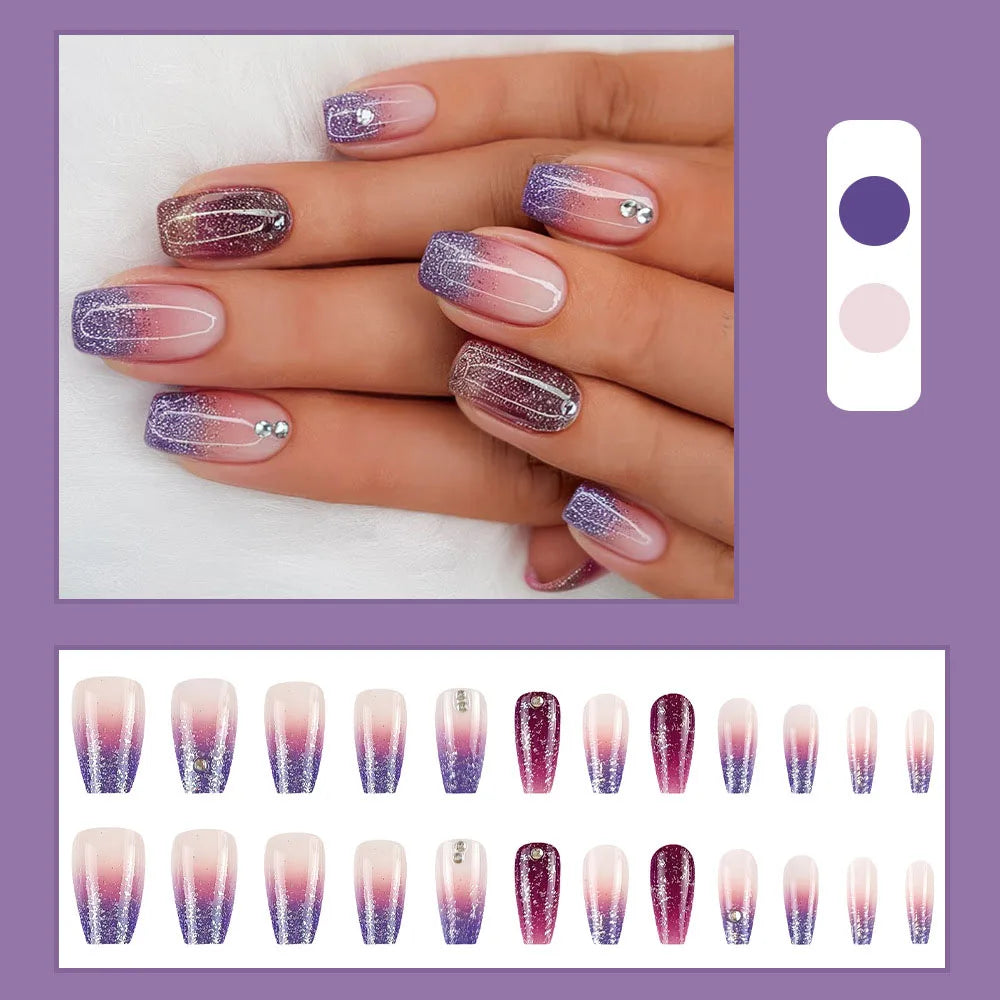 24pcs/set Short Medium fake nails for women girls gradient shiny glitters heart french Square almond tips Press on false nail