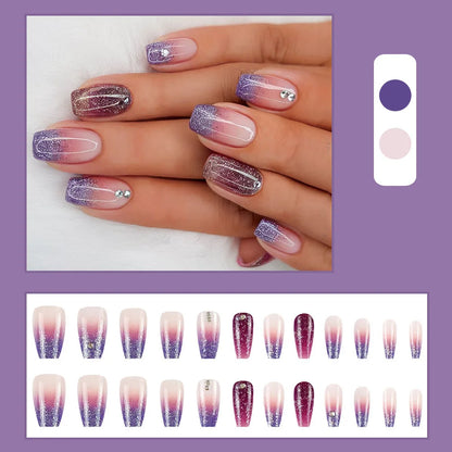 24pcs/set Short Medium fake nails for women girls gradient shiny glitters heart french Square almond tips Press on false nail