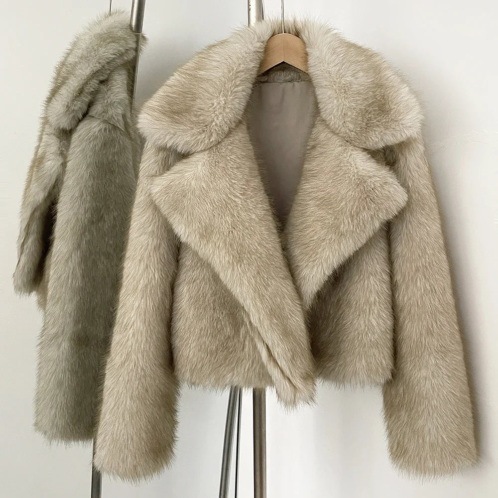 OFTBUY Faux Fur Jacket Women Fashion Vintage Turn-Down Collar Coat Long Sleeve Fur Coat Eco-friendly Autumn Winter Streetwear