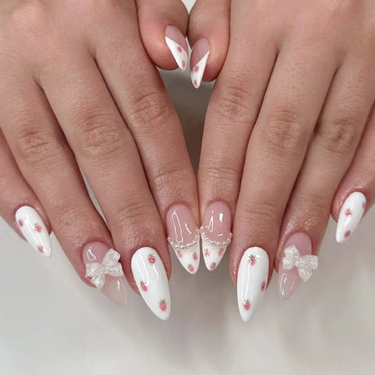 24Pcs White Almond False Nails Ballet with French Design Wearable Fake Nails Gradient Simple Full Cover Press on Nail Tips Art