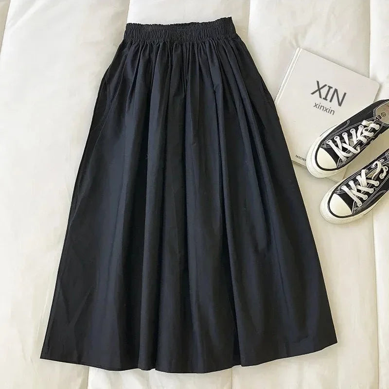 2025 NEW Women's White Long Skirt High Waist A-Line Knee-Length Fashion Pockets Pleated Casual Elegant Skirts for Autumn