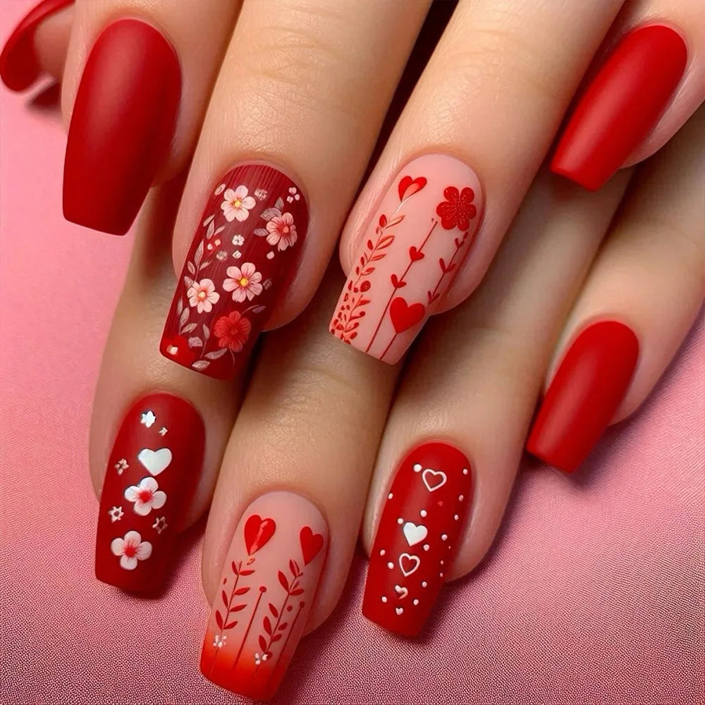 24pcs Press on Nails Flower Design Mid-length Ballet False Nail Fashion Brown Full Cover Manicure Tips Datachable Fake Nails Set