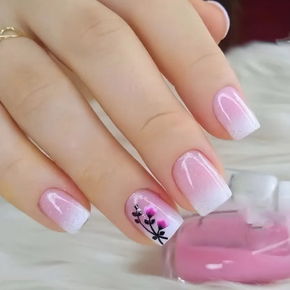 24pcs Sweet Cool False Nails Gradient French Fake Nail Tips with Purple Flowers Design Short Square Press on Nails Colorful Nail