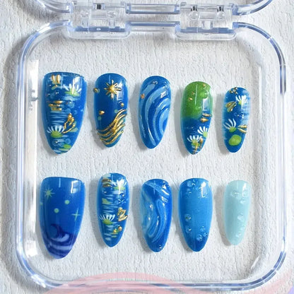 10pcs Handmade Press on Nails Cartoon Shark Pattern Design Fake Nails Wearable Detachable Ins Simple Almond Shaped False Nails