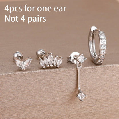 4PCS Stainless Steel Circle Huggie Hoop Earrings Set for Women Gold Color Unique Zircon Flower Stud Earring Piercing Jewelry