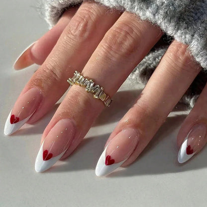 24PCS- white almond fake nails, red love pattern decoration, exquisite elegance, fashion generous, suitable for dating, dinner,