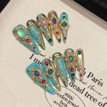 10pcs Green Long-pointed Press On Nails For Wedding Flash Gold Foil Chain Decors Luxury False Nails New Year French Fake Nail