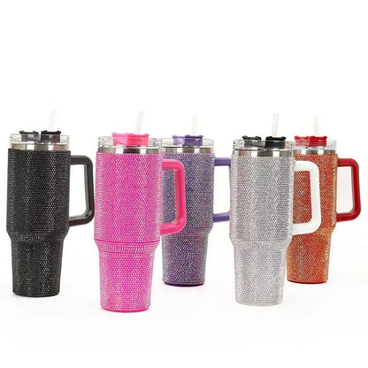 Diamond encrusted car cup coffee insulated cup 1200ml handle stainless steel straw Ice king cup portable insulated water bottle