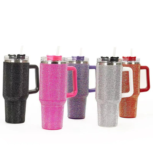 Diamond encrusted car cup coffee insulated cup 1200ml handle stainless steel straw Ice king cup portable insulated water bottle