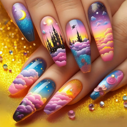 Medium fake nails for women gilrs gradient blue pink starry sky star moon Y2K design Almond nail tips press on false nail set