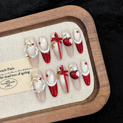 10PCS Christmas Handmade Fake Nails Charming Cat's Eye Red French Tip Press on Nails Wearable 3D Wreath Bow Decor False Nails