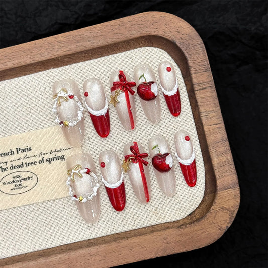10PCS Christmas Handmade Fake Nails Charming Cat's Eye Red French Tip Press on Nails Wearable 3D Wreath Bow Decor False Nails