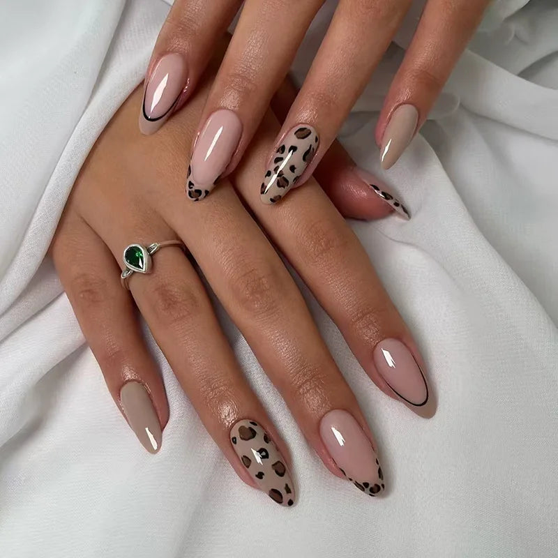 24pcs French Fake Nails Finished Almond Nails Sets with Golden Bow Design False Nail Art Simple Datachable Press on Nails Tips