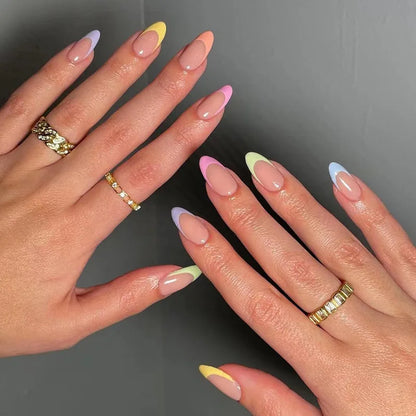 24Pcs Long Almond Fake Nails with White Edge Design Wearable French Press on False Nails Simple Full Cover Nail Tips Manicure