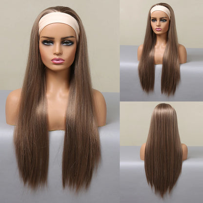 HENRY MARGU Women's Headband Wig Synthetic Hair Long Straight Brown Gloden Highlight Glueless Wigs for Black Women Machine Made