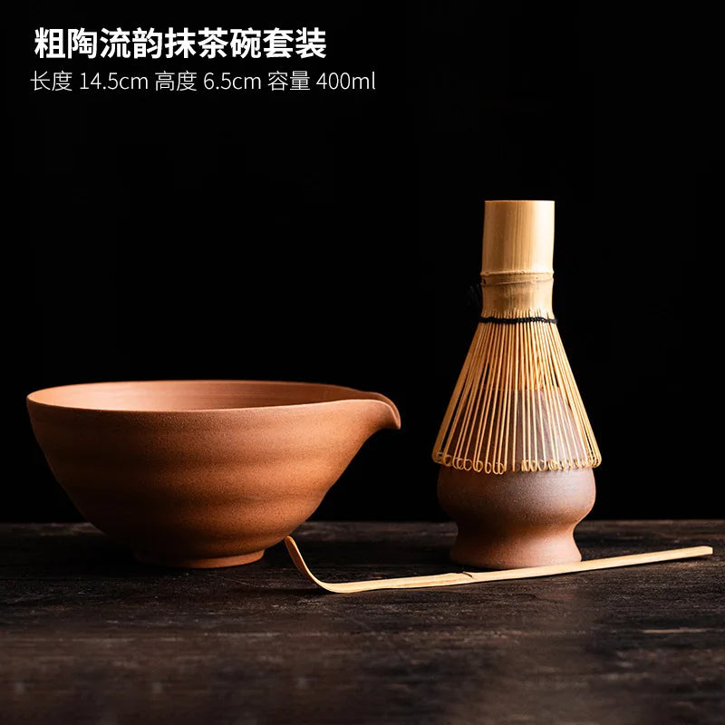 Unglazed Coarse Pottery Old Rock Clay Tea Set Complete Set Japanese Matcha Set Kit Matcha Bowl Bamboo Tranditional Tea Sets