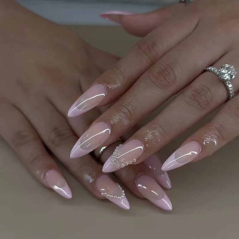 24pcs French Fake Nails Finished Almond Nails Sets with Golden Bow Design False Nail Art Simple Datachable Press on Nails Tips