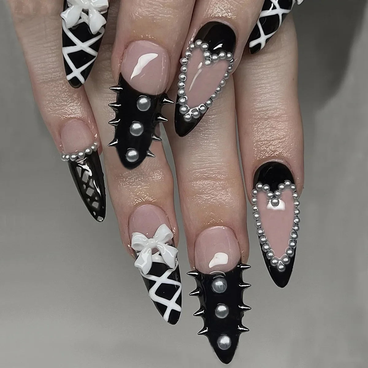 24pcs Long Ballet Press On Nails Black Cross Strap French Style Fake Naile With 3D Bowknot Decor Korean Reusable False Nail Tips